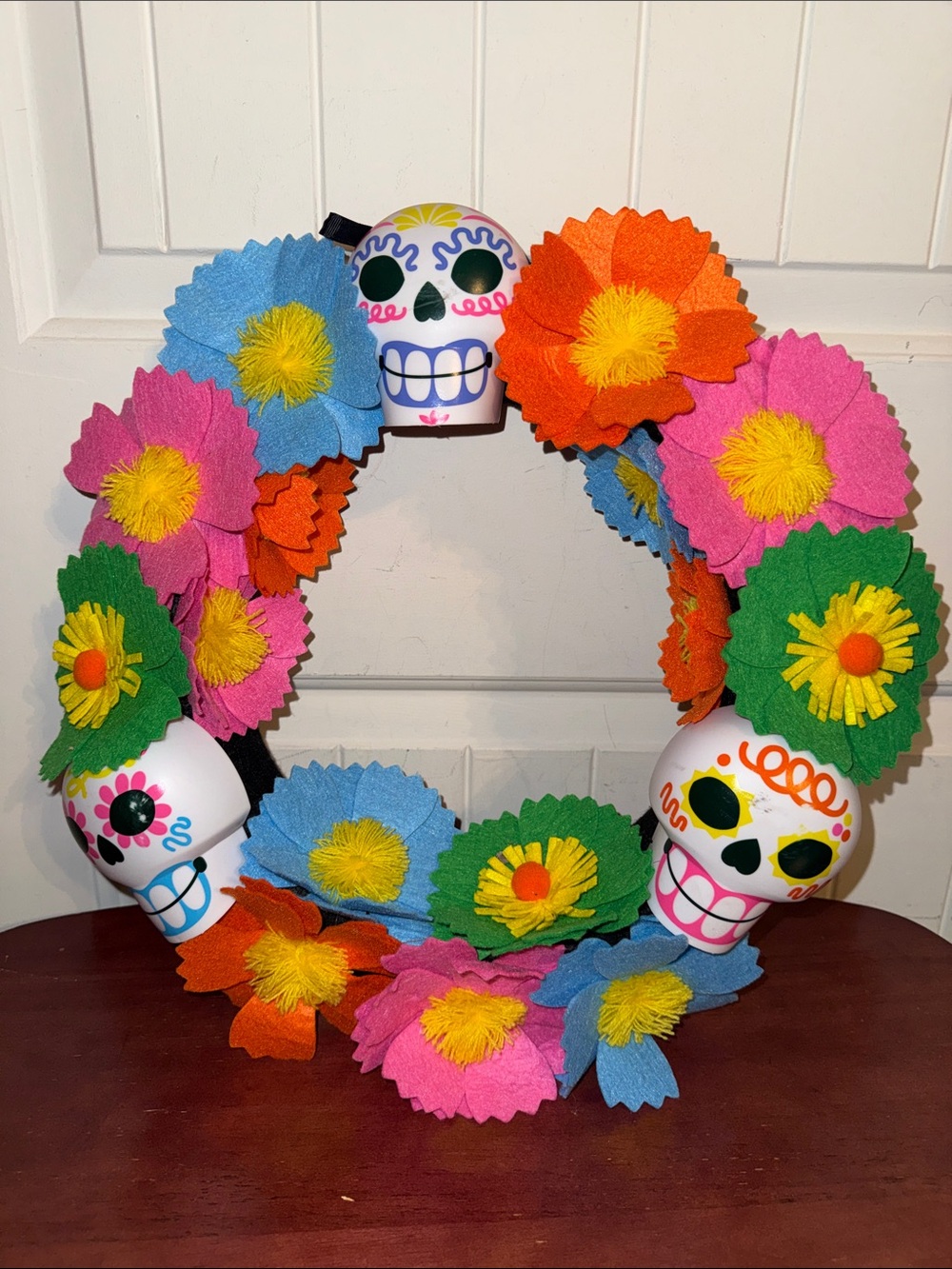 Colorful Day of the Dead Sugar Skull Wreath with Bright Felt Flowers